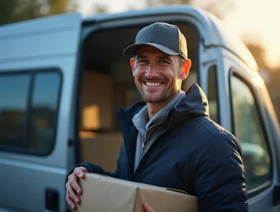 Smiling Delivery Driver Holding Package By Van