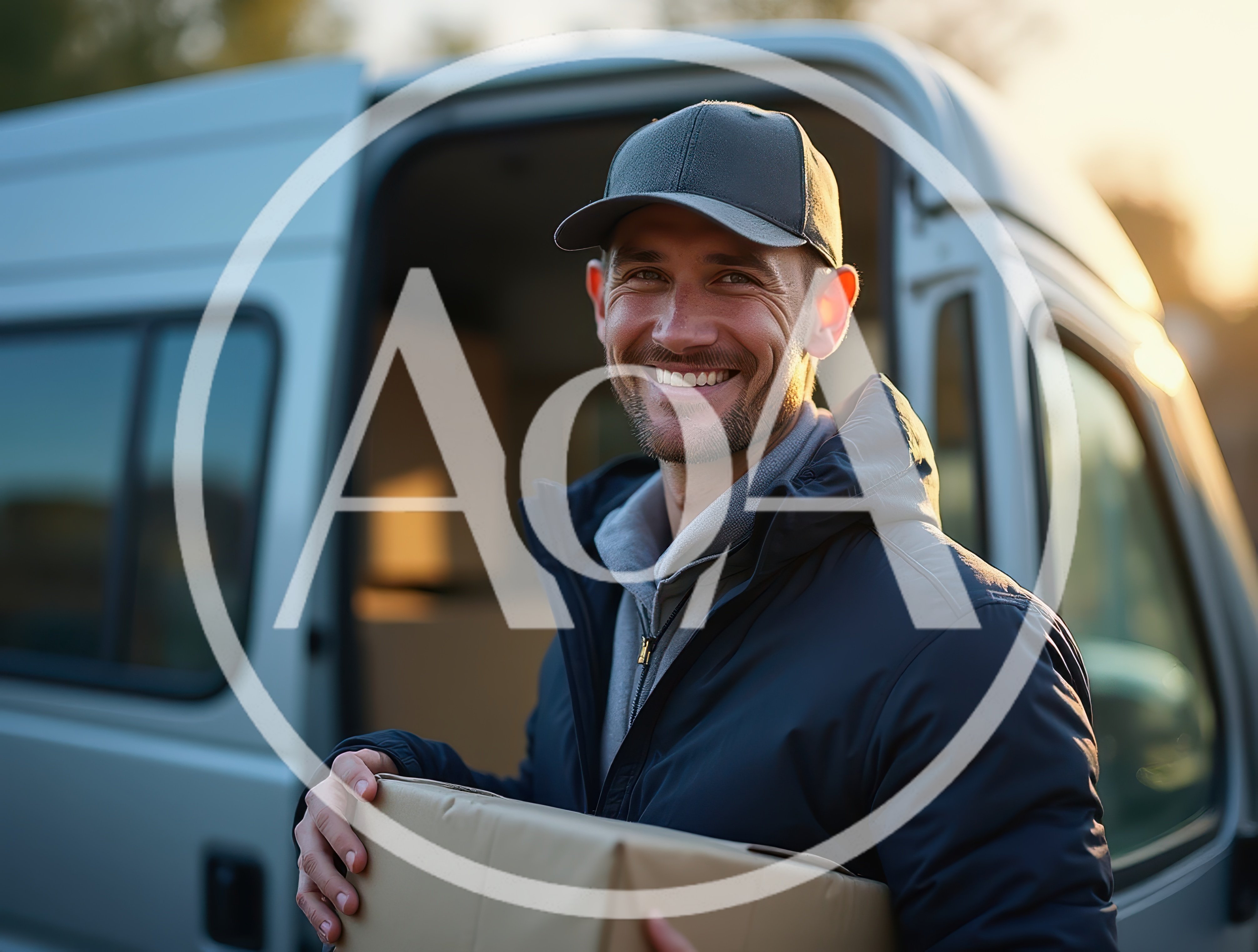 Smiling Delivery Driver Holding Package By Van