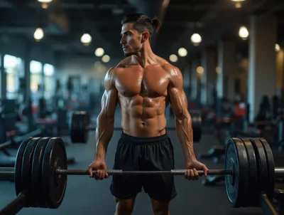 Muscular Man Performing Barbell Deadlift In Gym