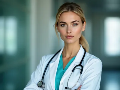 Professional Female Doctor Standing In Hospital Corridor