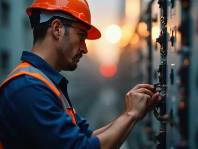 Electrical Engineer Inspecting Industrial Control Panel at Sunset