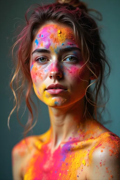 Portrait Of A Woman Covered In Vibrant Holi Powder