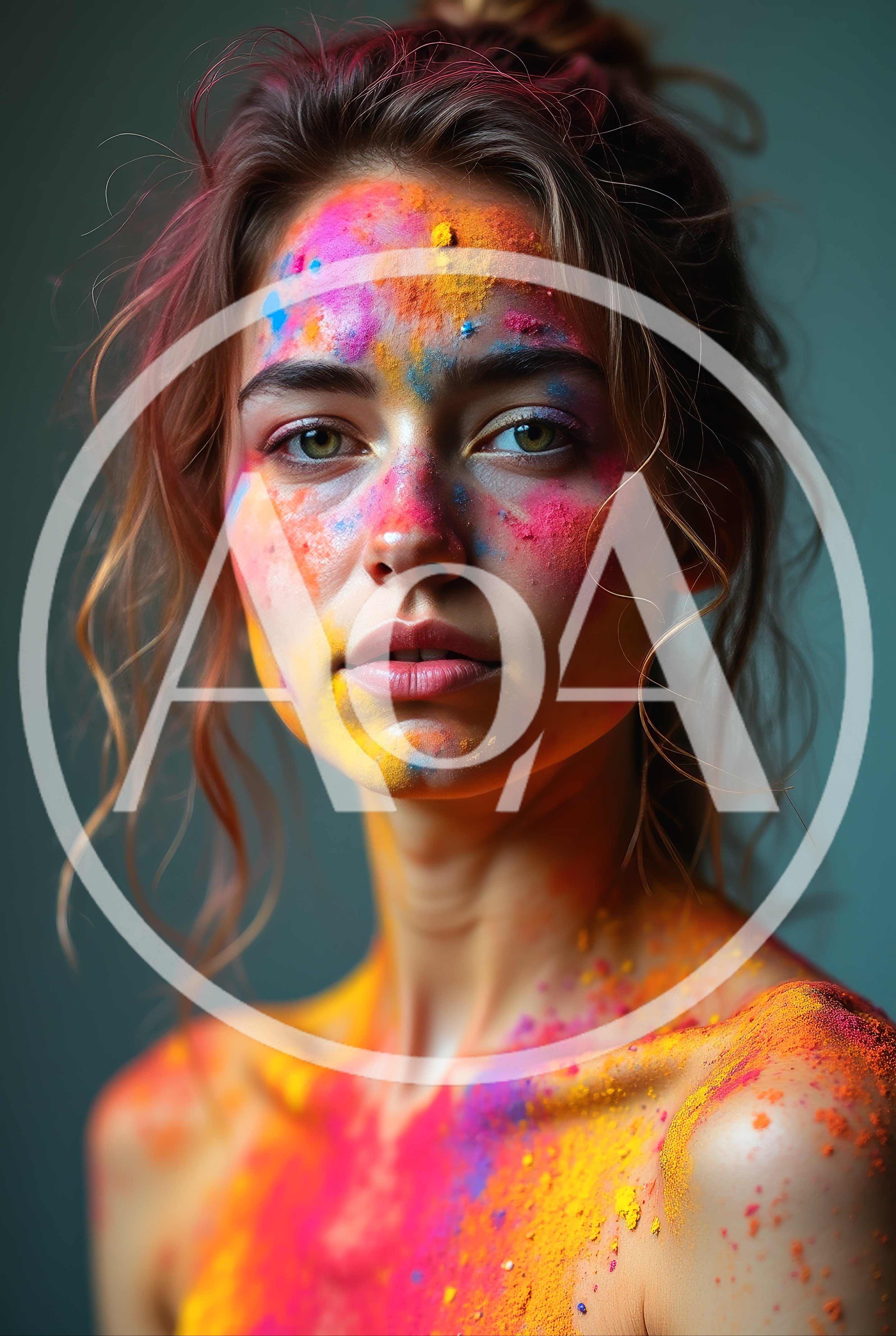 Portrait Of A Woman Covered In Vibrant Holi Powder