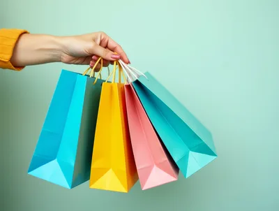 Hand Holding Colorful Shopping Bags Against Pastel Background