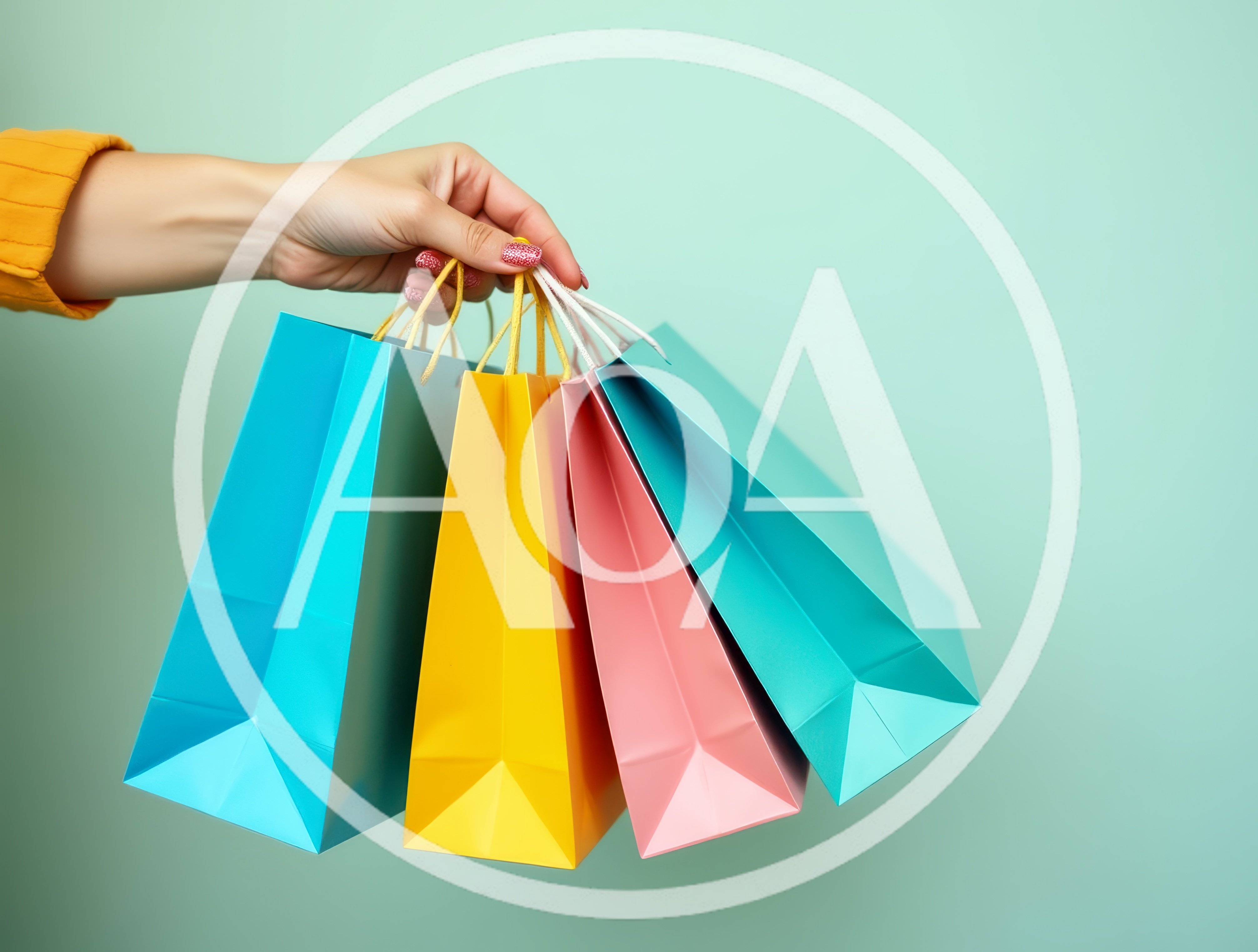 Hand Holding Colorful Shopping Bags Against Pastel Background