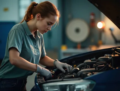 Female Mechanic Inspecting Car Engine In Auto Repair Shop