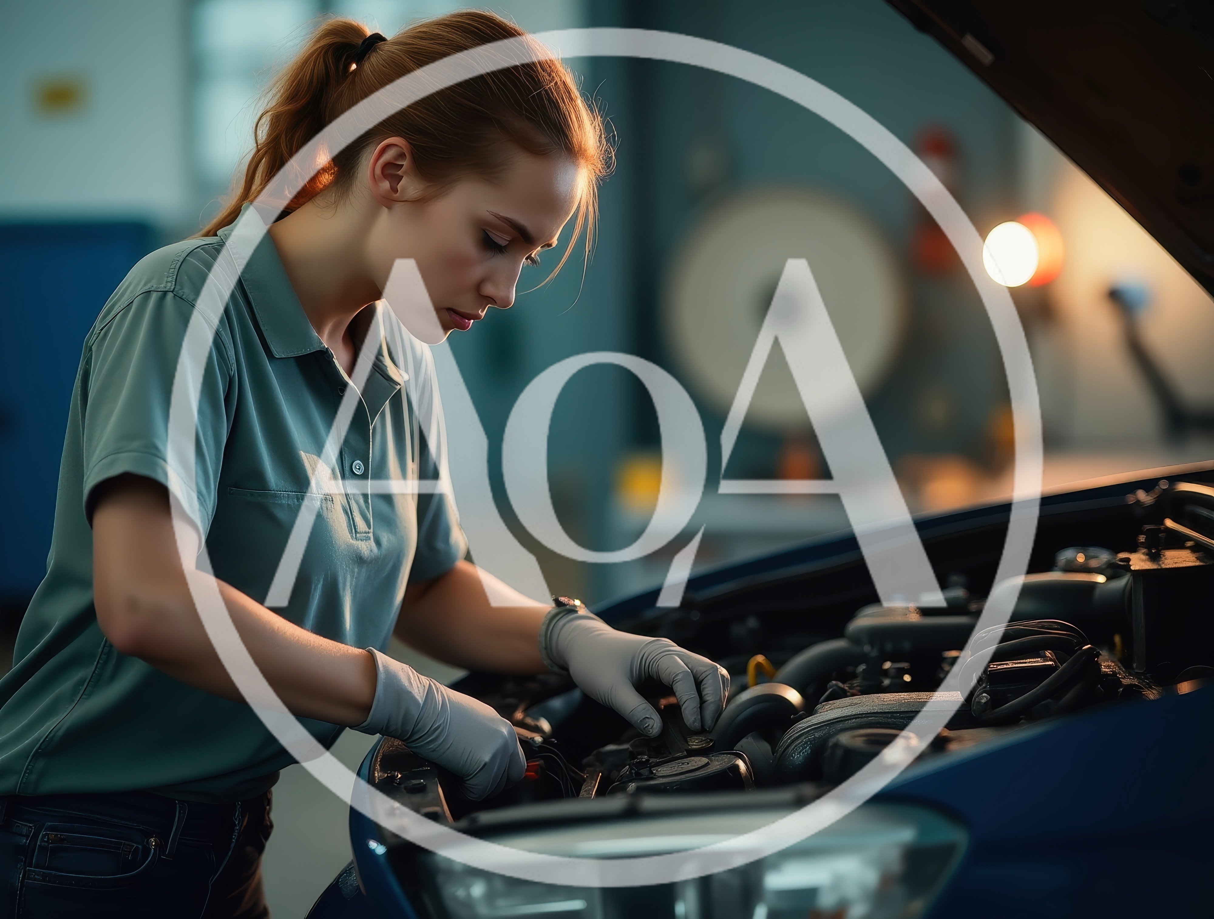 Female Mechanic Inspecting Car Engine In Auto Repair Shop