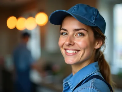 Smiling Young Woman Wearing A Blue Denim Work Uniform