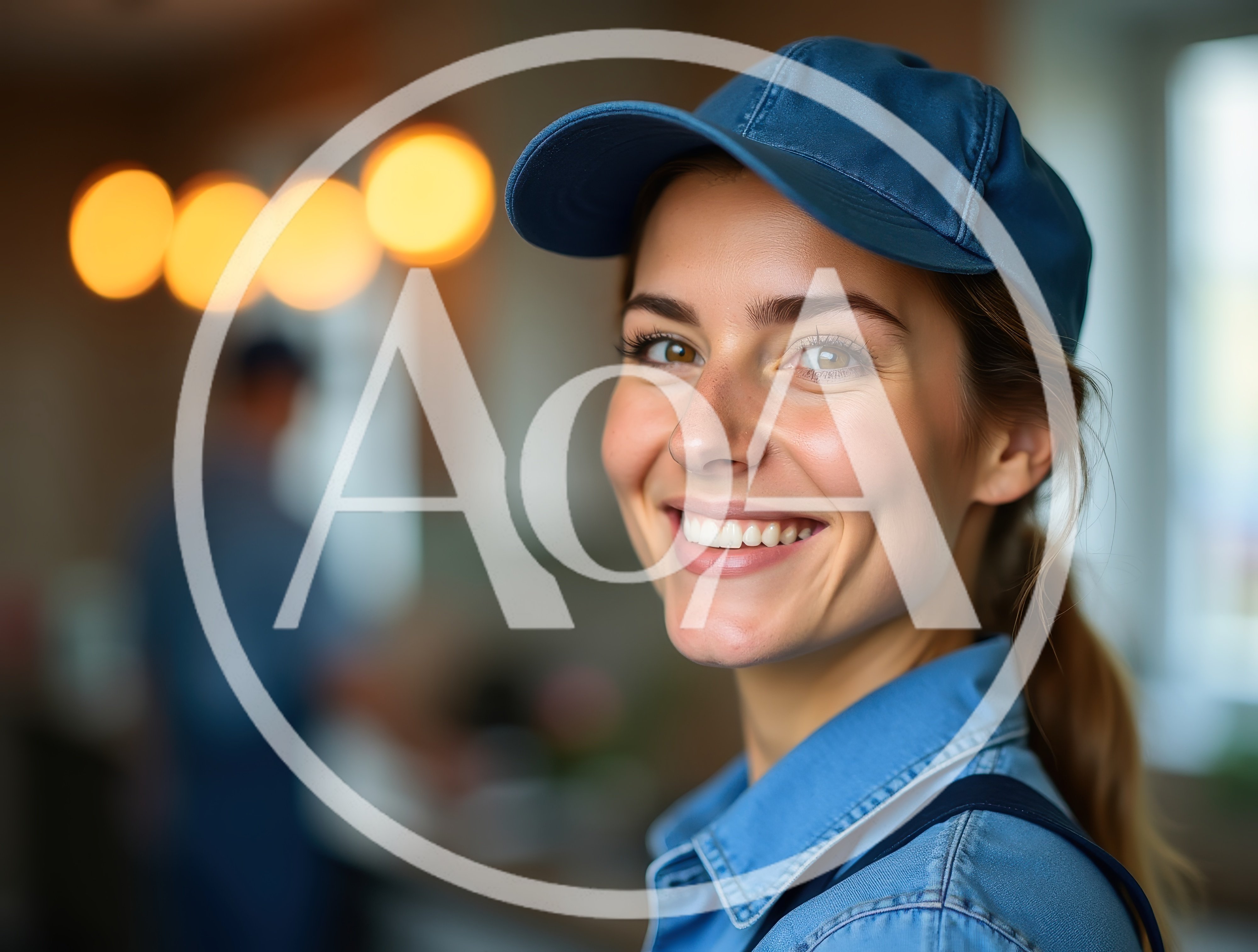 Smiling Young Woman Wearing A Blue Denim Work Uniform