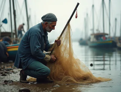 Elderly Fisherman Mending Nets by the Harbor