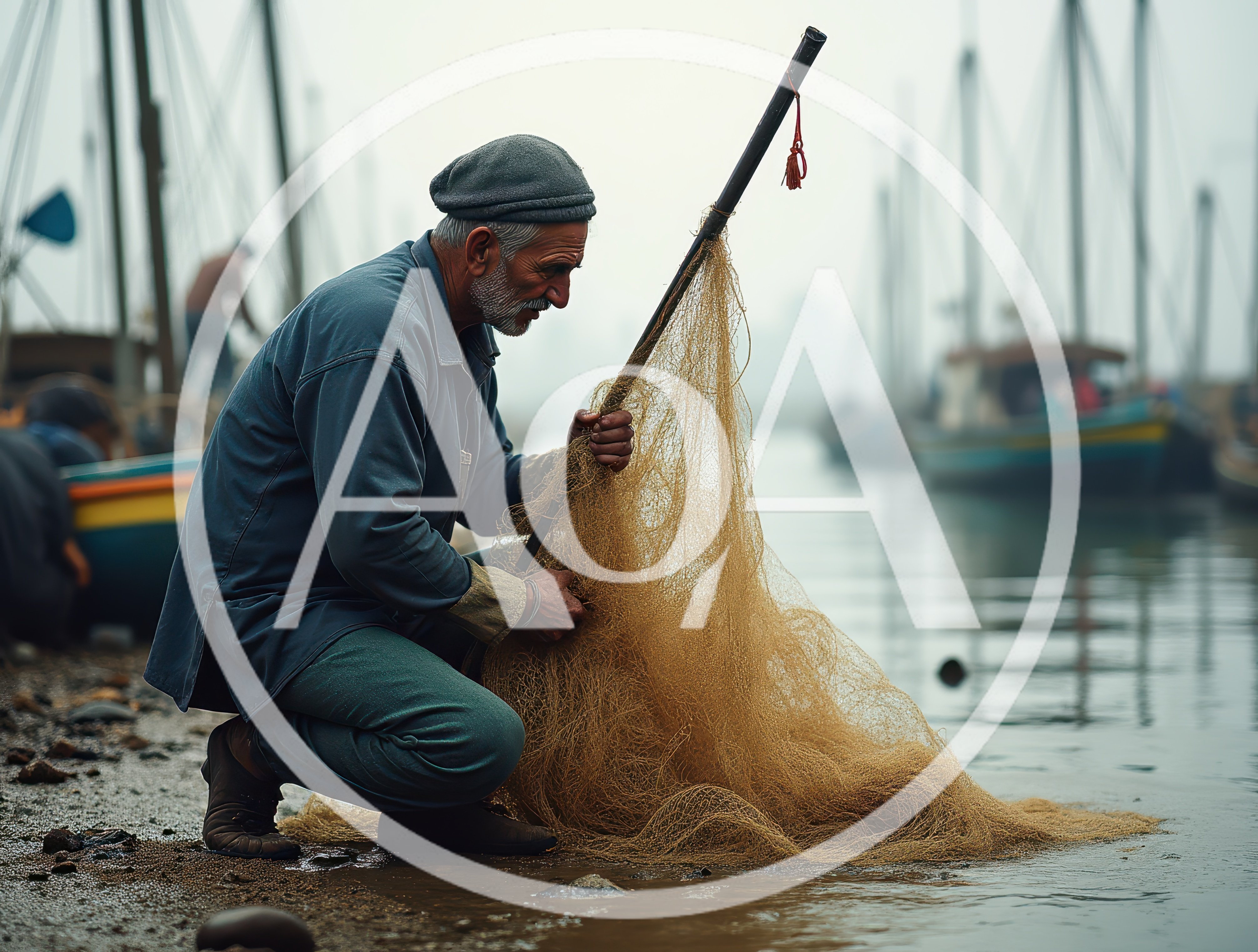 Elderly Fisherman Mending Nets by the Harbor