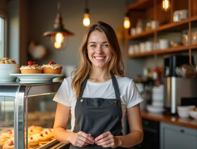 Smiling Female Barista Standing Behind Cafe Counter