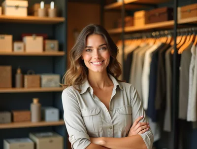 Smiling Woman Standing In A Modern Walk In Closet