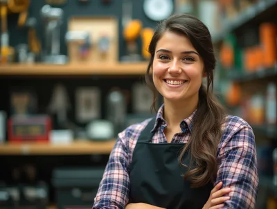 Smiling Female Hardware Store Employee Standing In Aisle