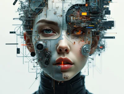 Cyborg Woman With Cybernetic Circuitry Face Overlay
