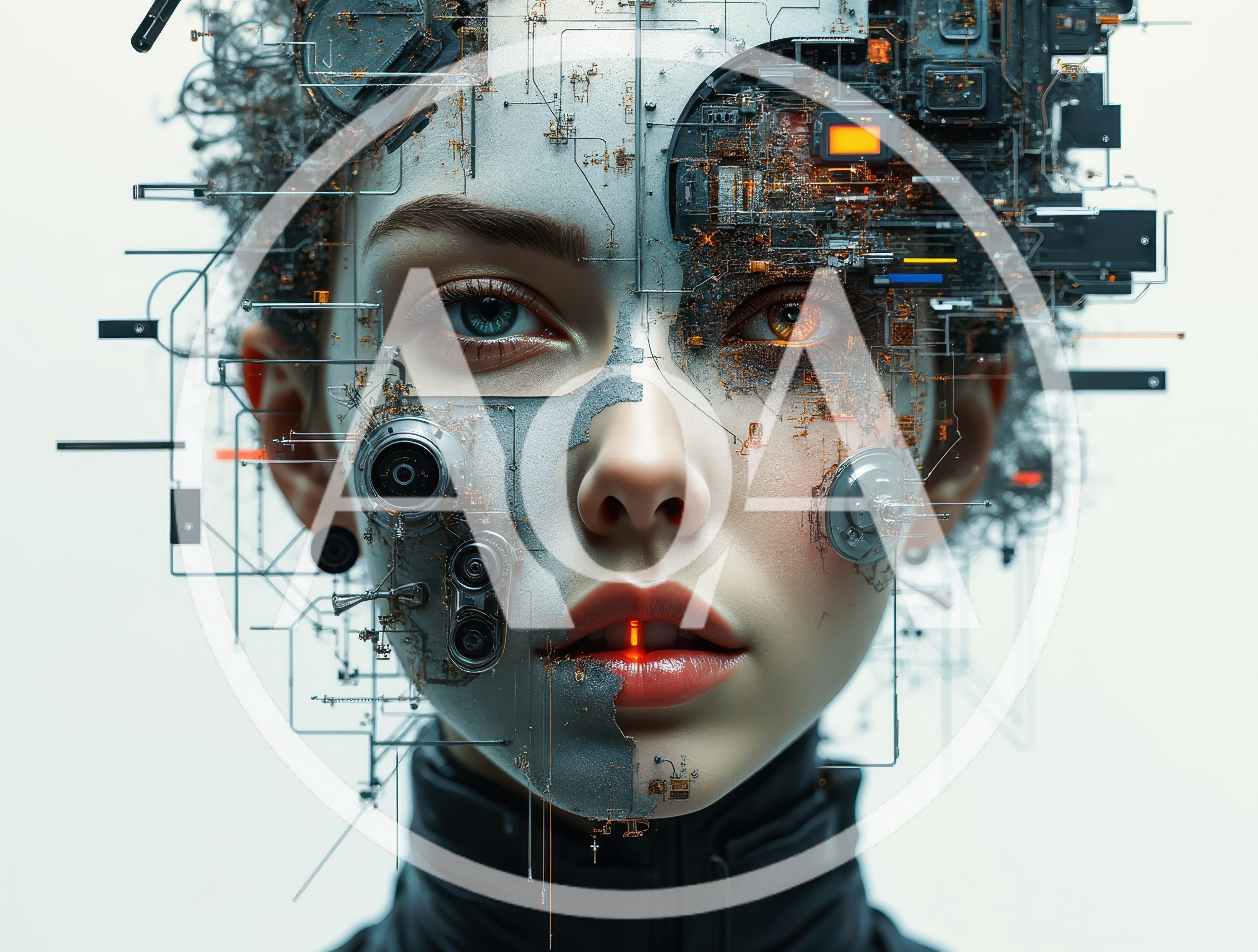 Cyborg Woman With Cybernetic Circuitry Face Overlay