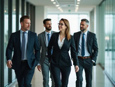 Professional Business Team Walking Through Modern Office Corridor