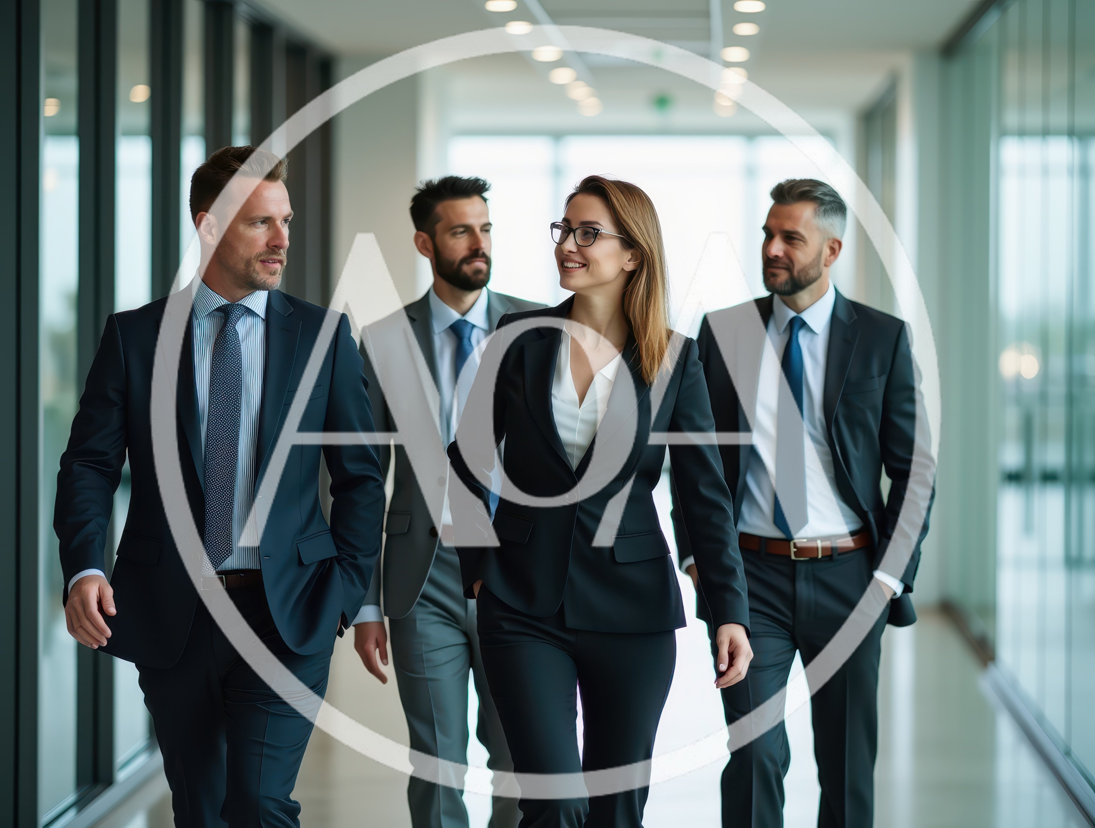 Professional Business Team Walking Through Modern Office Corridor