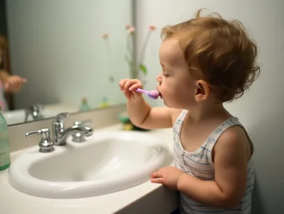 Toddler Brushing Teeth In Bathroom Mirror