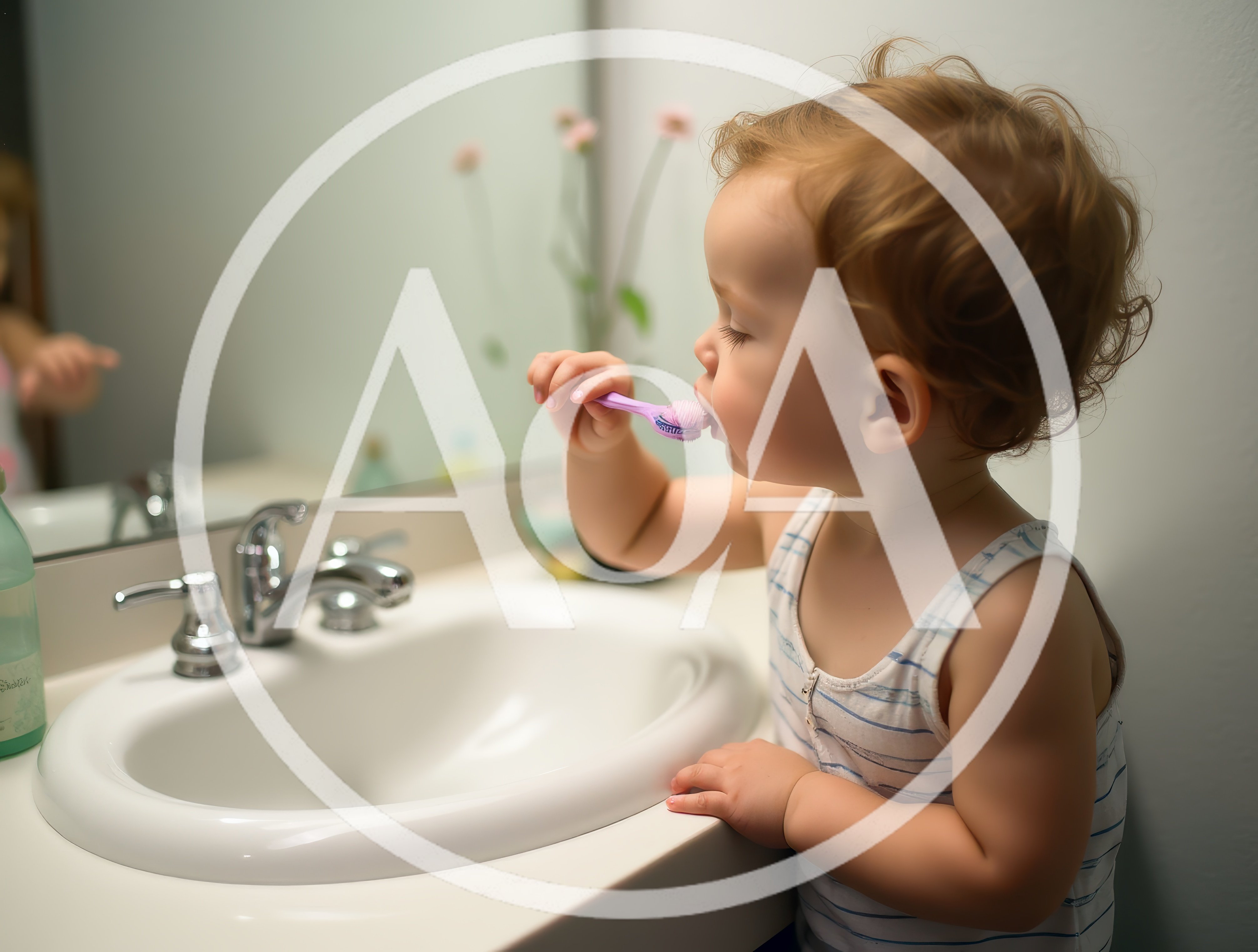 Toddler Brushing Teeth In Bathroom Mirror