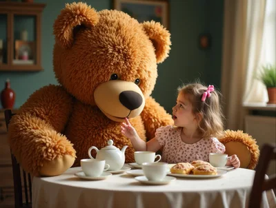 Little Girl Having A Tea Party With A Giant Teddy Bear