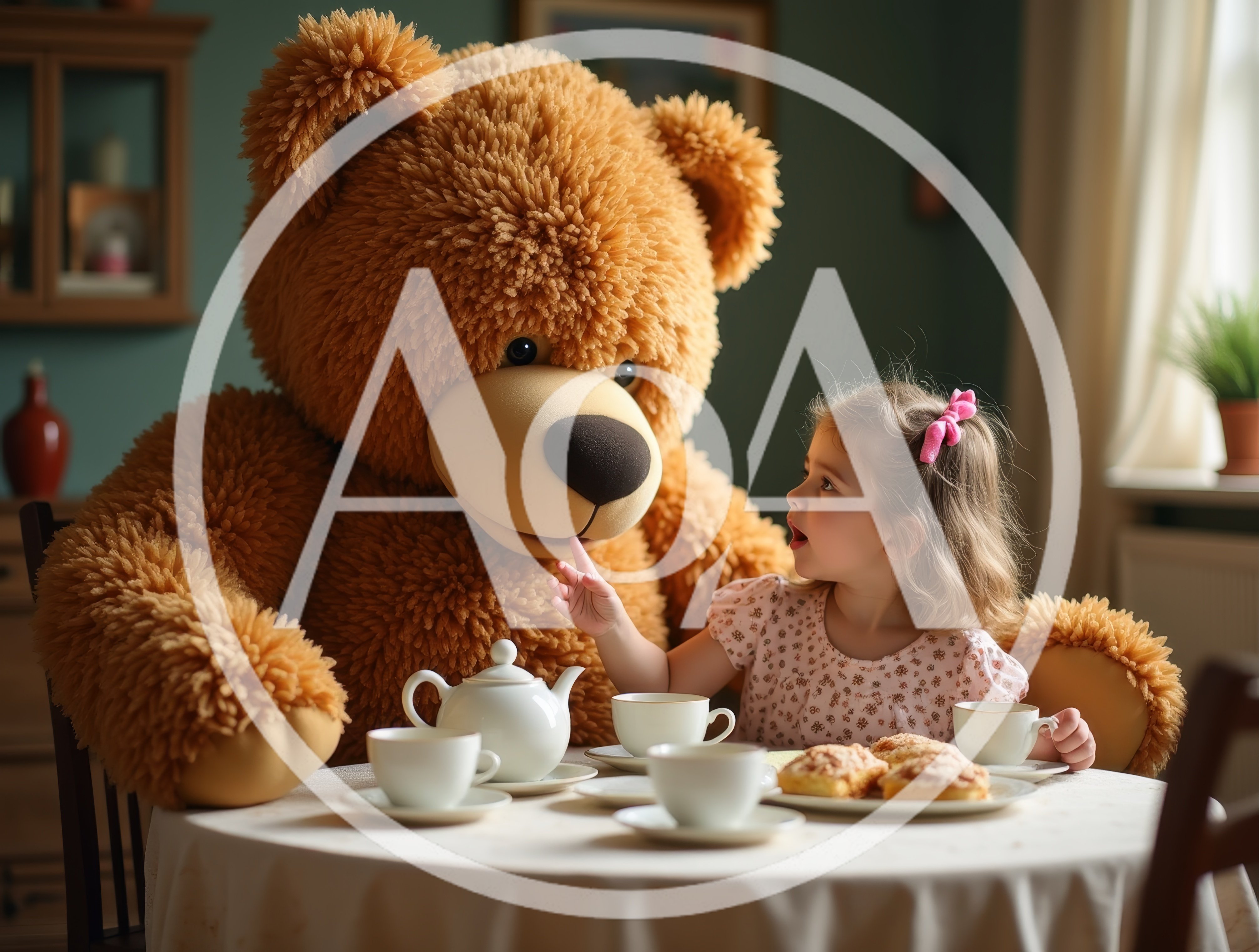 Little Girl Having A Tea Party With A Giant Teddy Bear