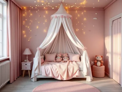 Cozy Pink Nursery Bedroom With Canopy Bed
