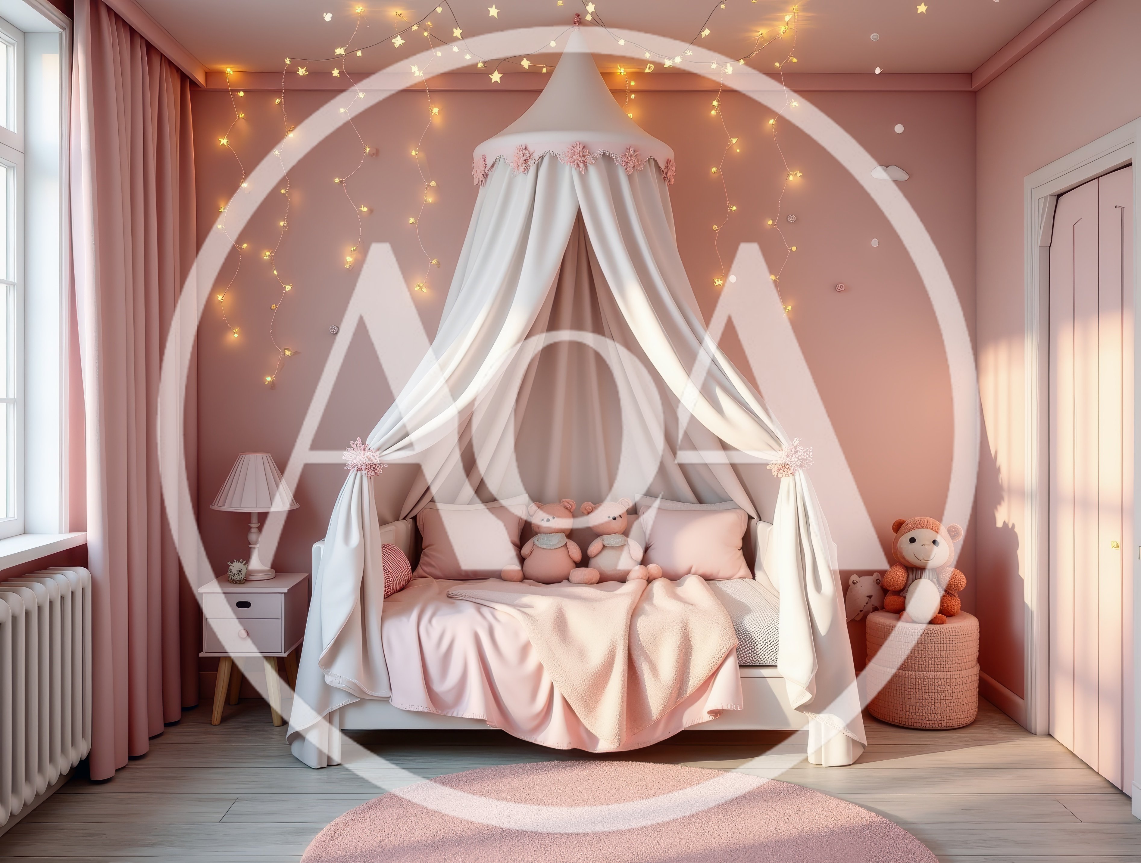 Cozy Pink Nursery Bedroom With Canopy Bed