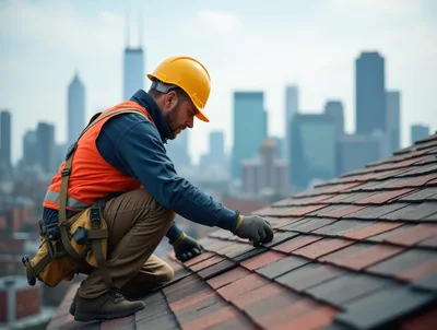 Construction Worker Installing Roof Shingles On City Building