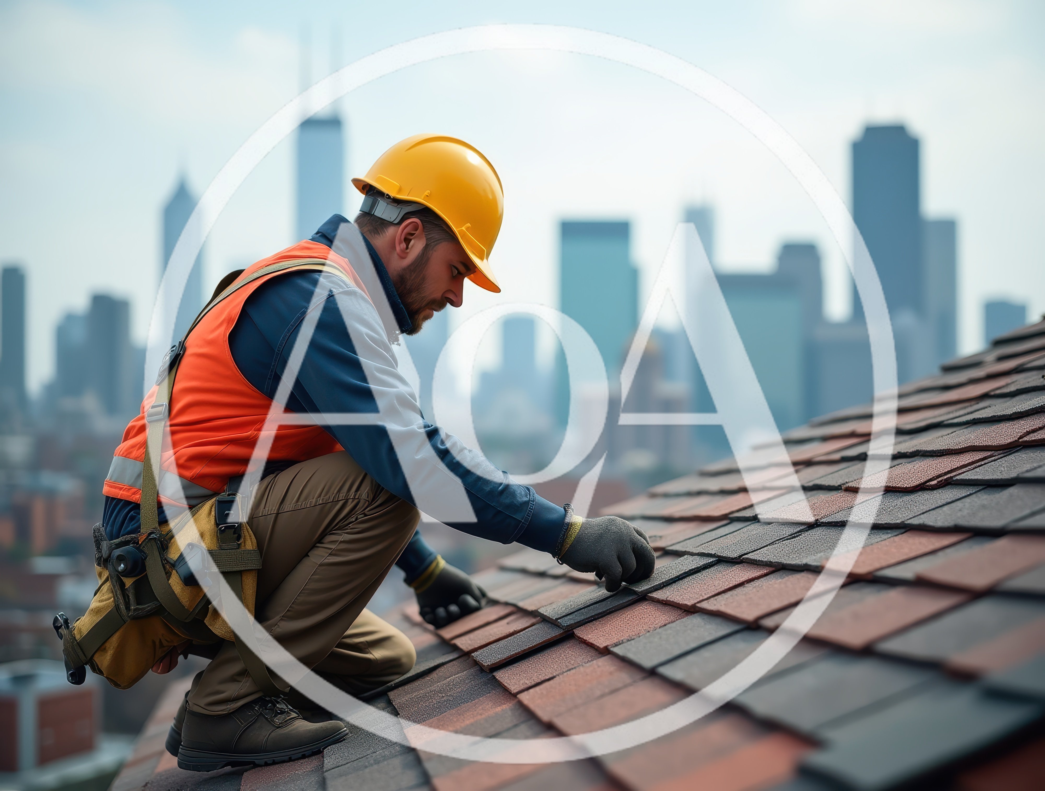 Construction Worker Installing Roof Shingles On City Building