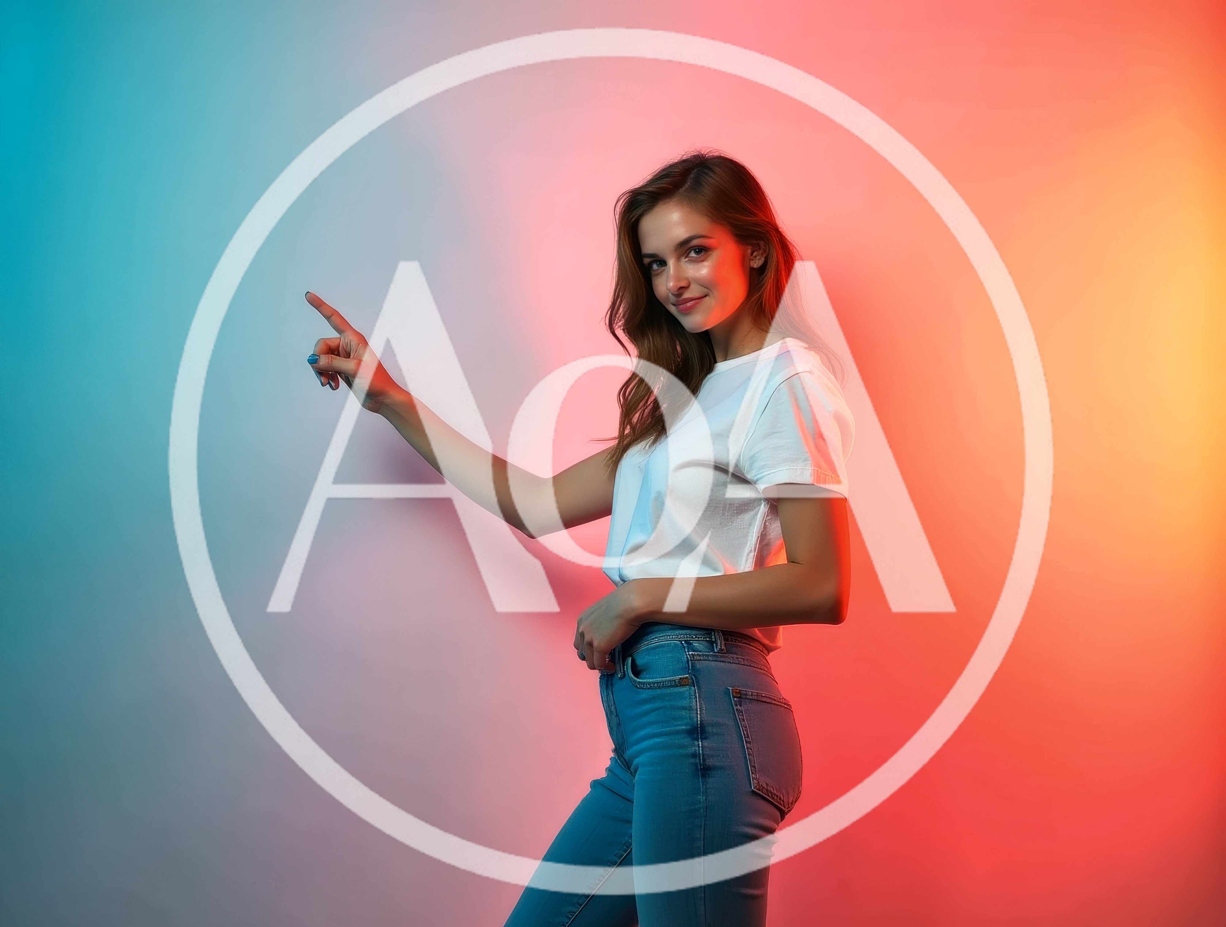 Young Woman Pointing To The Side In Studio