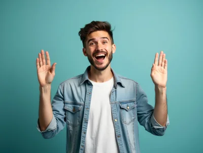 Excited Young Man With Hands Raised In Surprise