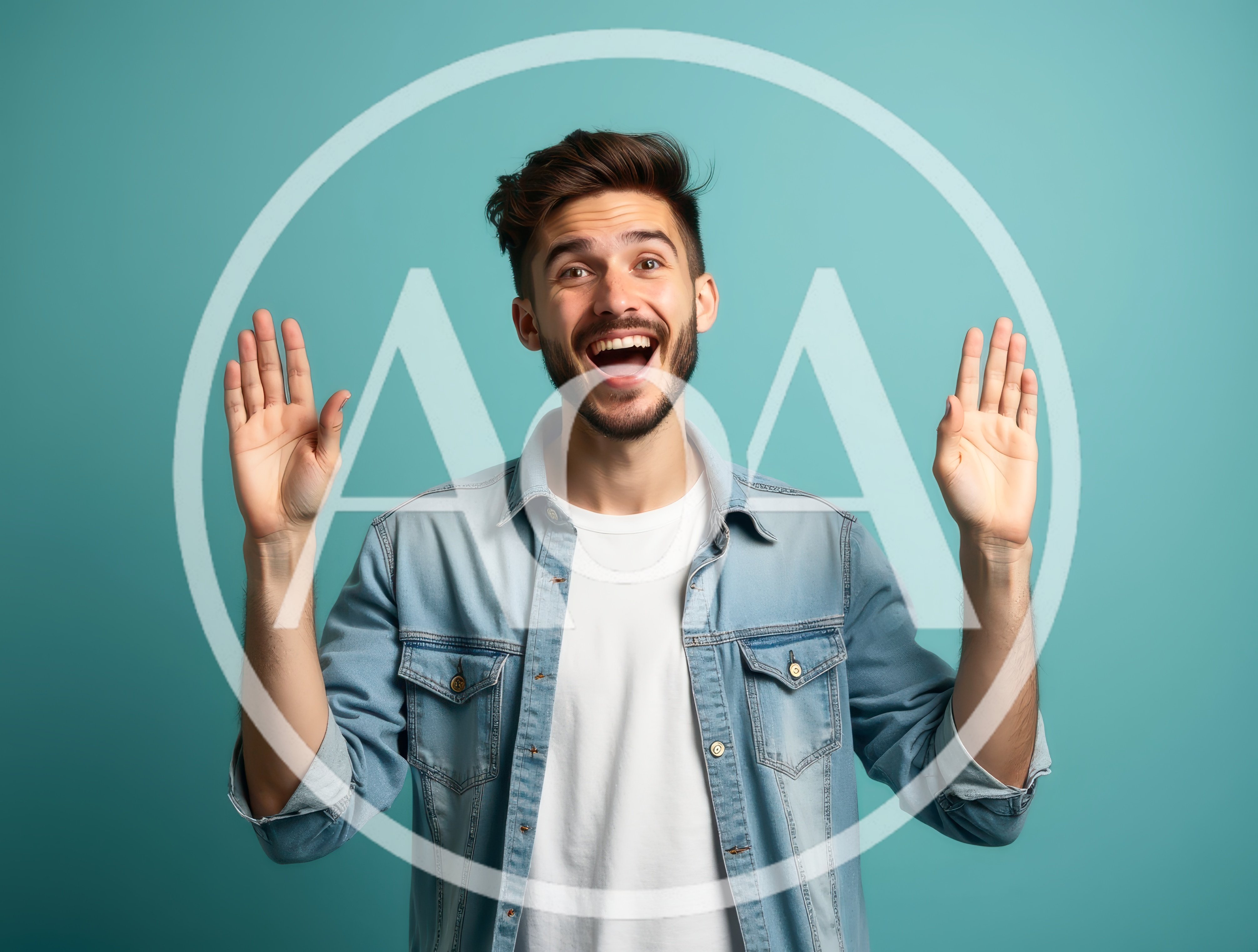 Excited Young Man With Hands Raised In Surprise
