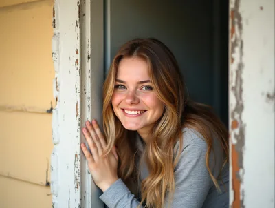 Young Woman Smiling While Leaning Against A Doorframe