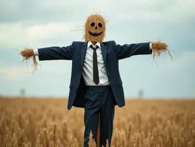 Scarecrow Wearing A Business Suit In A Wheat Field