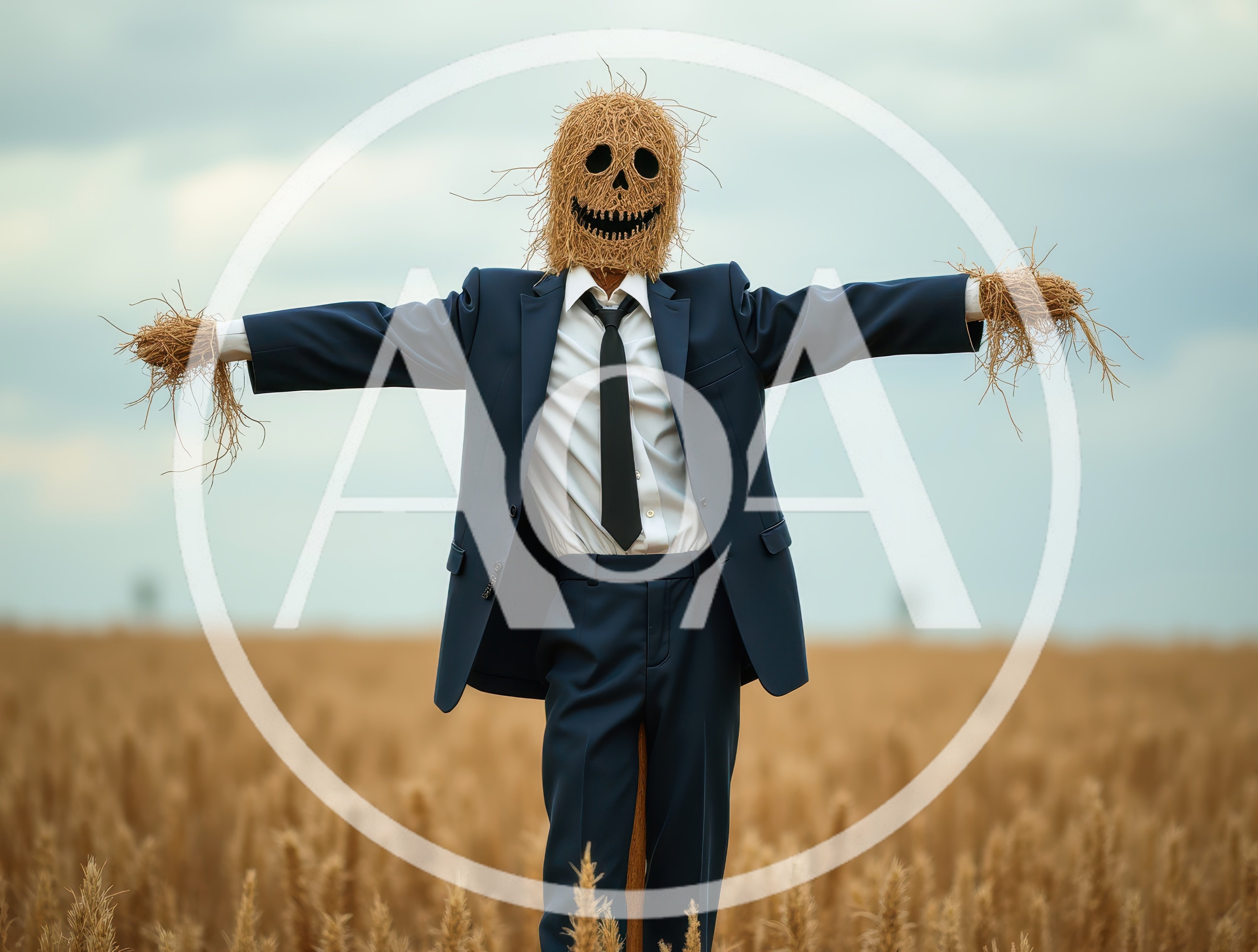 Scarecrow Wearing A Business Suit In A Wheat Field
