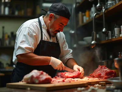 Professional Chef Preparing Raw Meat In Restaurant Kitchen