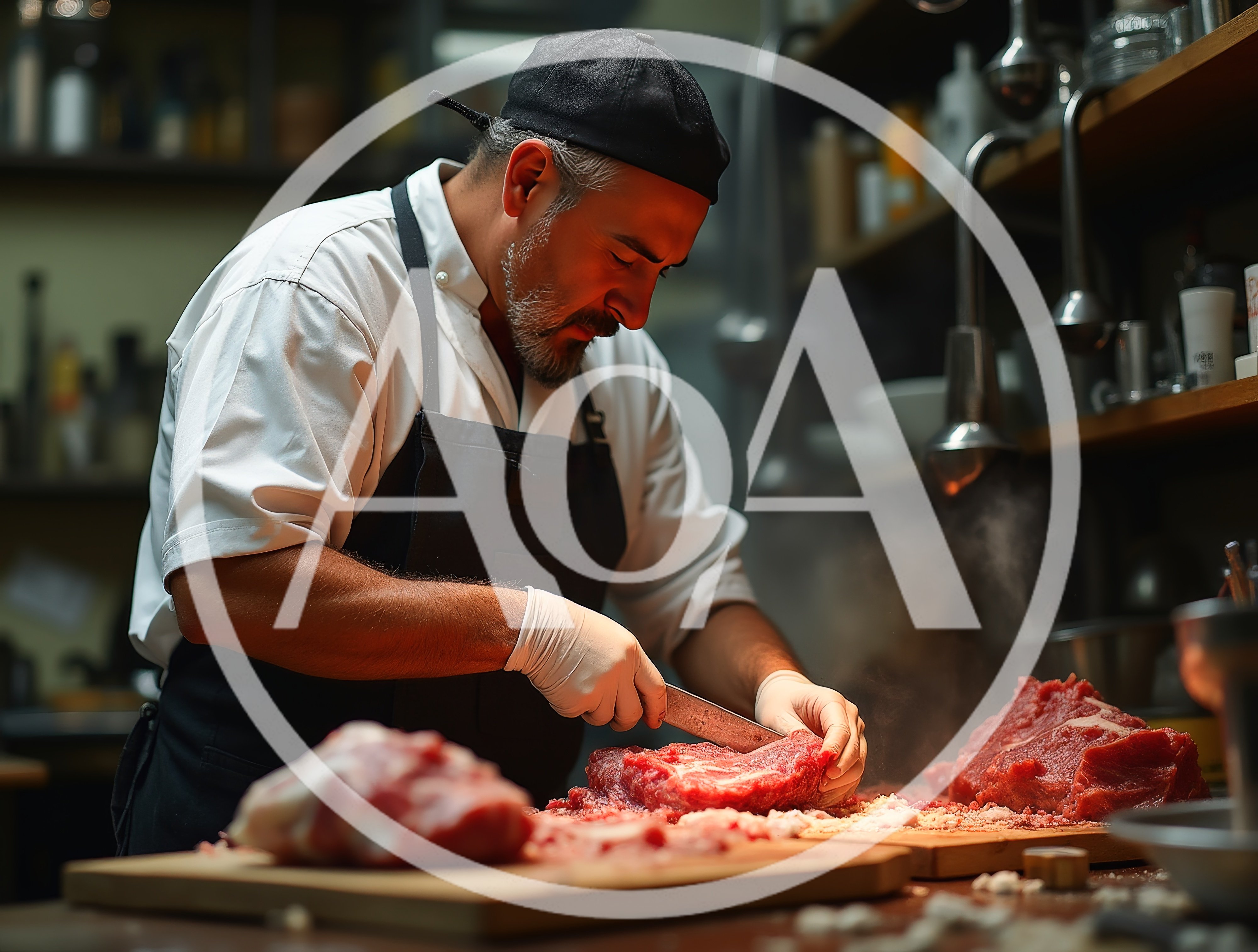 Professional Chef Preparing Raw Meat In Restaurant Kitchen