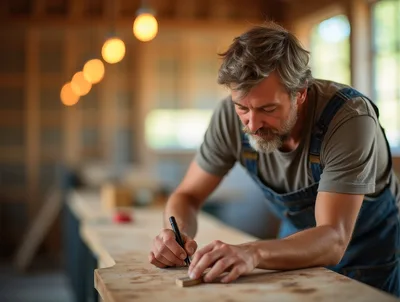 Carpenter Marking Measurements On Wood In Workshop