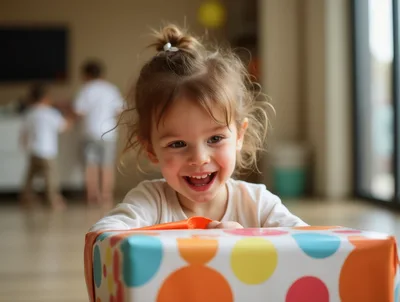 Happy Toddler Girl Opening A Colorful Birthday Gift
