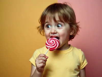 Young Child Eating A Red And White Swirl Lollipop