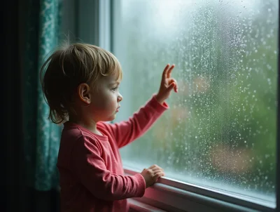 Toddler Looking Out A Rainy Window