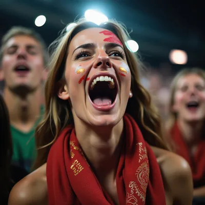 Excited Female Sports Fan Cheering In Stadium Crowd
