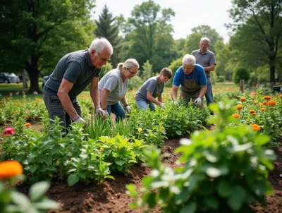 Multi-Generational Family Gardening Together in a Sunny Field