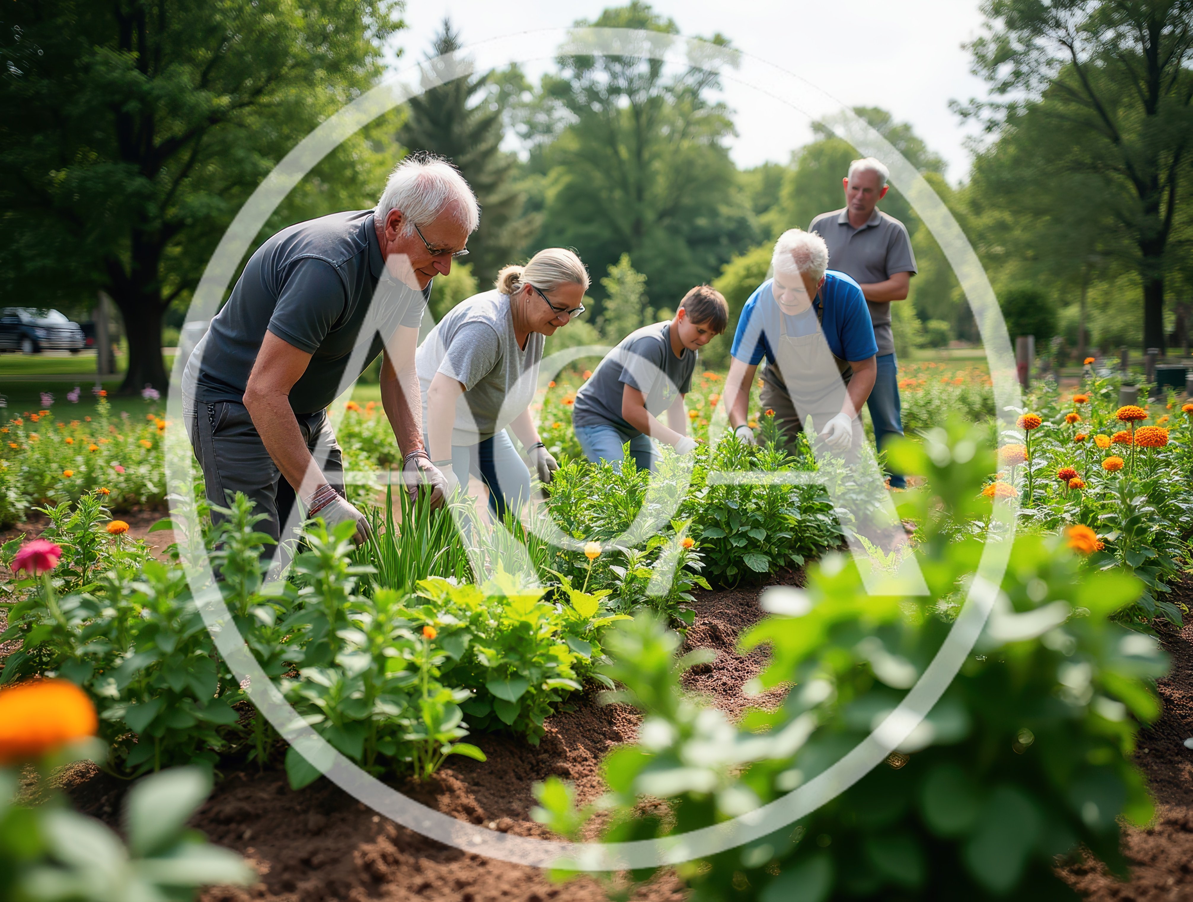Multi-Generational Family Gardening Together in a Sunny Field