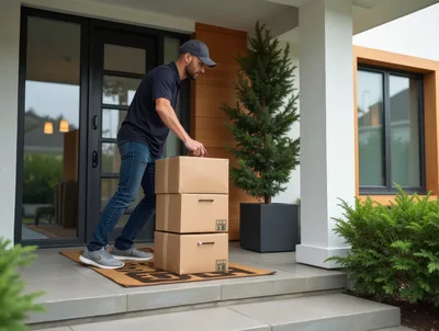 Delivery Driver Placing Cardboard Boxes On Porch