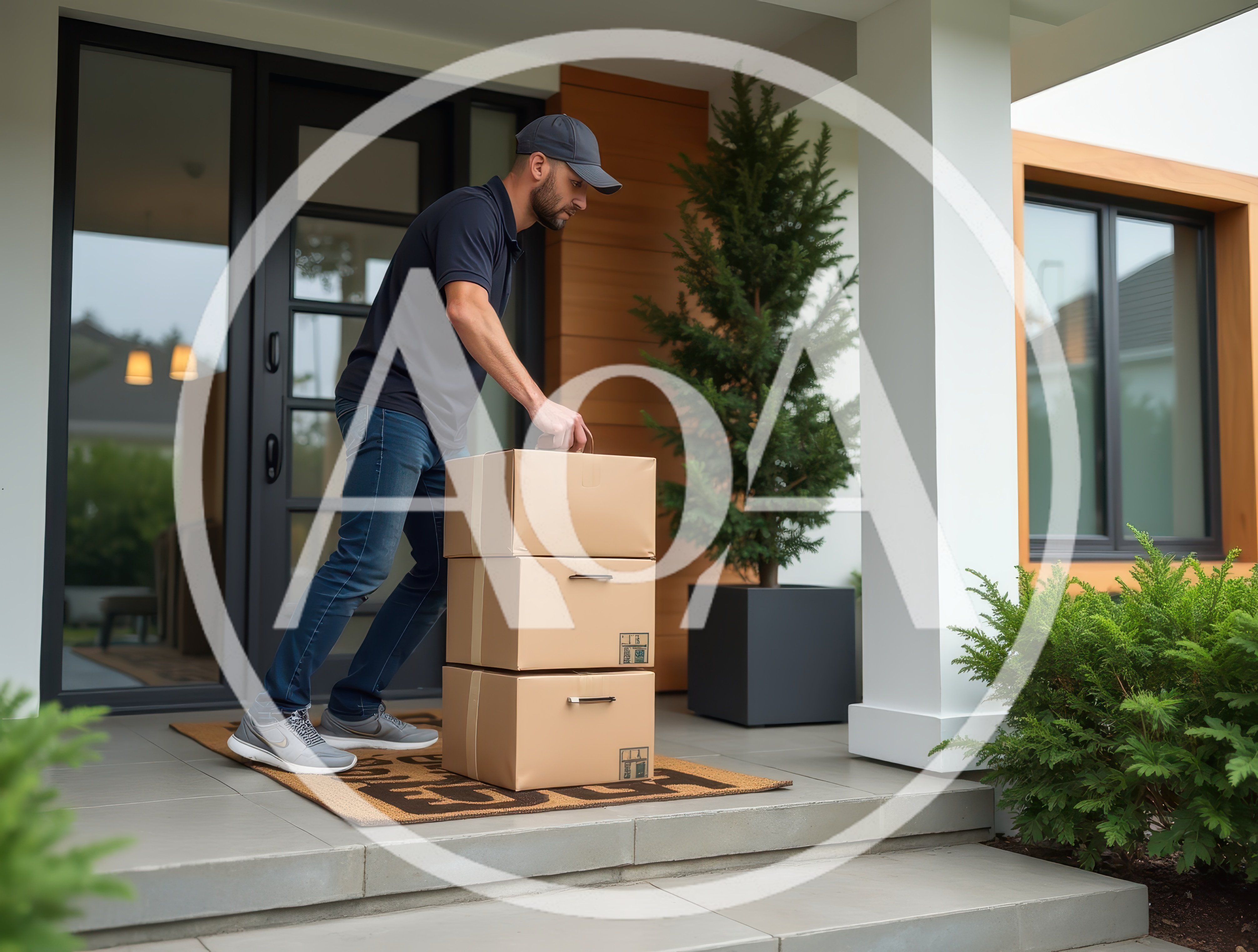Delivery Driver Placing Cardboard Boxes On Porch