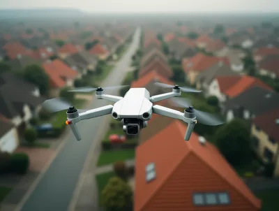 White Drone Flying Over Suburban Neighborhood