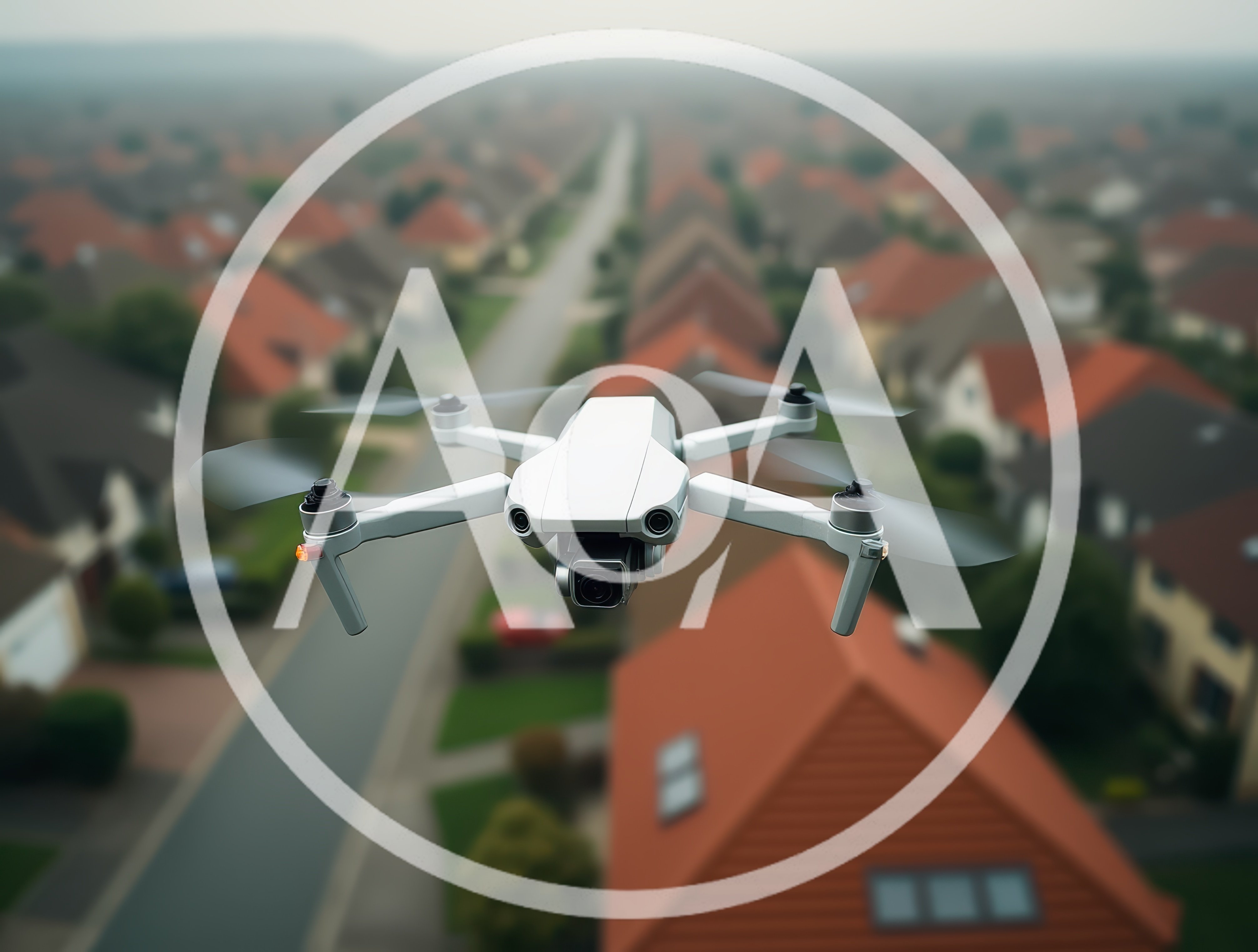 White Drone Flying Over Suburban Neighborhood