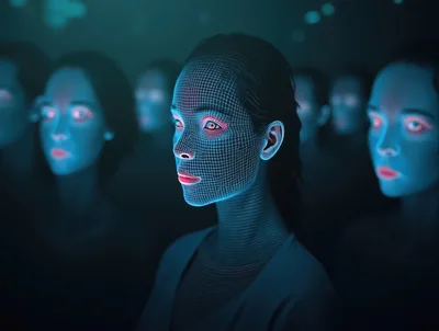 Digital Facial Recognition Scan Of Human Crowd